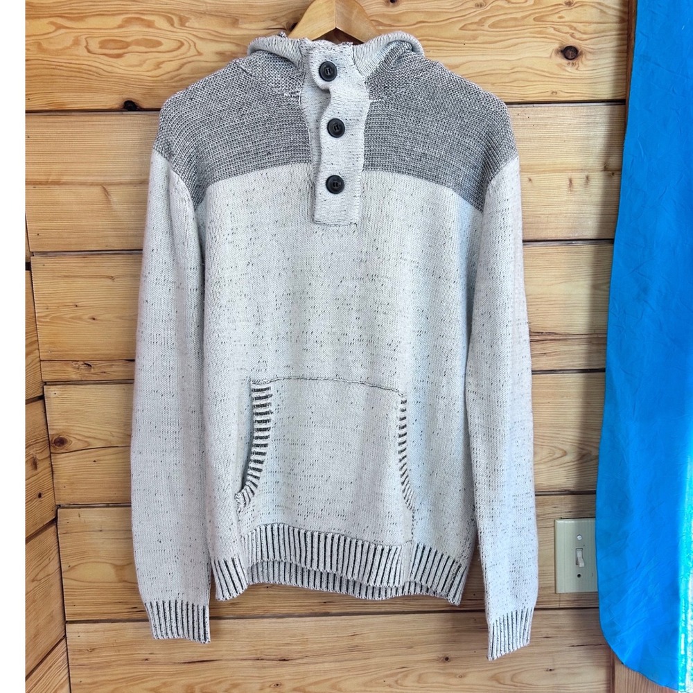 Hedge Mens Marled Knit Button Henley Hoodie Sweater Grey‎ Cream 70MS116BO Size M